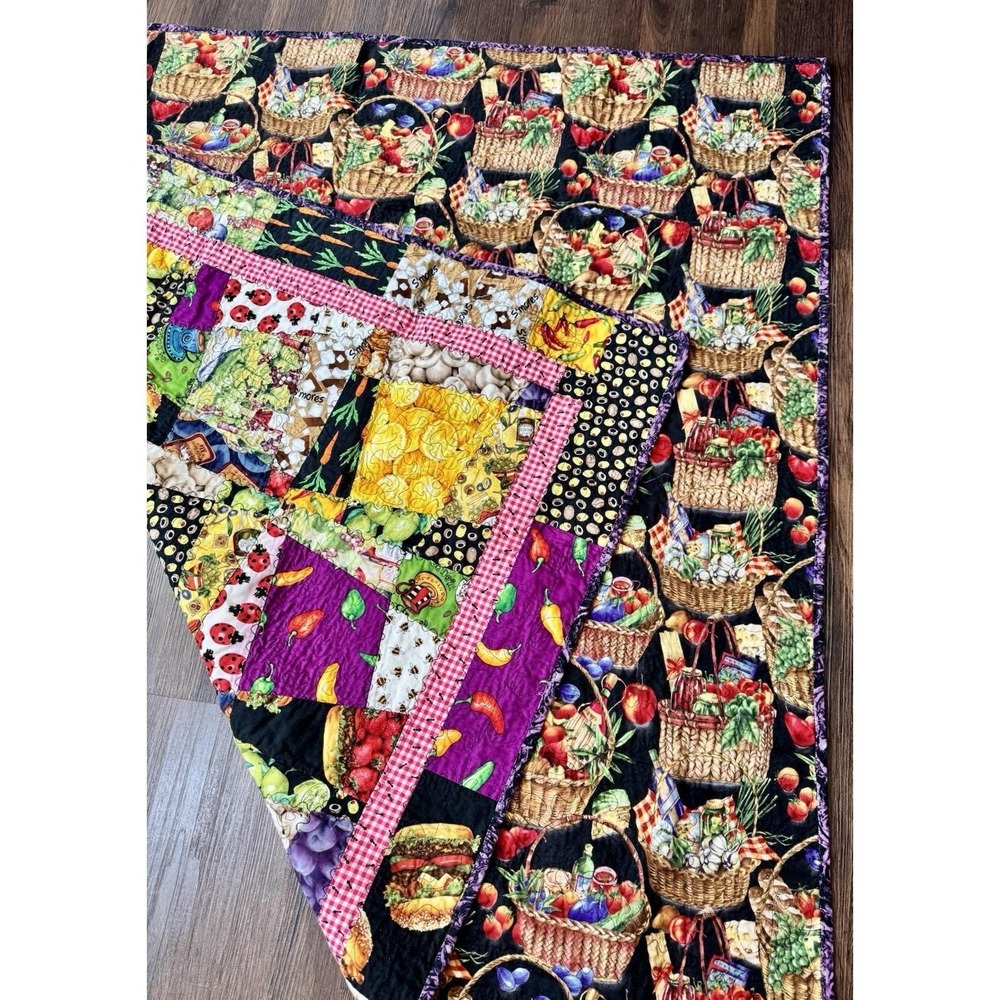 VTG Y2K Handmade N‎ Carolina Quilt 50x50 Lap Blanket Bright Colors Food Theme - Picture 7 of 9